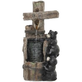 22.8" Water Fountain, 3-Tier Resin Bears on Log Outdoor Waterfall Fountain with LED Lights, Pump