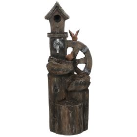 2-in-1 Outdoor Water Fountain with Birdhouse, Outdoor Waterfall Fountain with LED Lights Pump, Tree Trunk Outdoor Water Feature, Resin Garden Fou