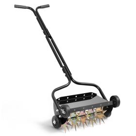 Lawn Aerator, 18 in Manual Push Spike Aerator with 4 Wheels & Handle, Heavy Duty Grass Aerators, Supports 40 lbs Added Weight