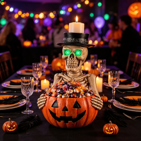Halloween Resin Skeleton Figurine Candy Dish, Glowing Green Eye Design, Decorative Treat Bowl and Flameless Candle Display Holder for Entryway, M