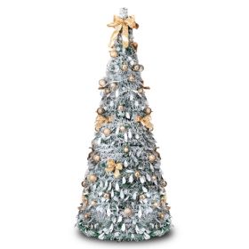 7 FT Snow Flocked Pre-lit Artificial Pop Up Christmas Tree with 170 Warm Lights and Golden Ornaments for Home Office Store Holiday Deco, Snowy Gr