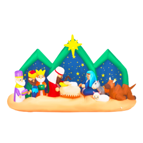 9FT Lighted Christmas Inflatable Decoration, Inflatable Nativity Scene with Starry Night Backdrop