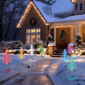 7-Color Solar Christmas Tree Stake Lights (4 Pack), Lifelike Fiber Optic Cedar Design with Star