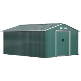11' x 13' Practical Backyard Garden Storage Tool Shed with Double Sliding Door Garden Tool Shed with 4 Ventilation Slots, Green