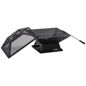 Wood Burning Portable Fire Pit, Outdoor Firepit with Cooking BBQ Grill, Spark Screen, Poker for Backyard, Black