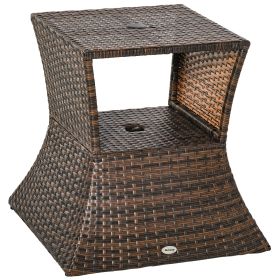 Rattan Wicker Side Table, 21.3" Square Outdoor End Table with Umbrella Hole 2-Tier Storage for Patio Garden Mixed Brown