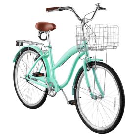 Women Bike, 26 In Beach Cruiser Bike, Single-Speed Adult City Bicycle With Steel Frame, 330 Lbs Capacity, Basket, Rear Rack & Dual V-Brakes, Mint (Option: default)