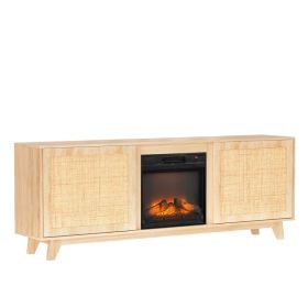 70' Oak Finish Low-Profile Fireplace TV Stand With 2 Doors & Rattan Front For 18' Insert (Option: defaulttitle)