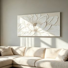 24x48 White Lotus Flower Canvas Wall Art, Hand-Painted Textured Floral Painting with Gold Foil & Stone Center, Framed Neutral Wall Decor for Livi (Option: Antique White)