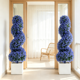 Set of 2 Artificial Spiral Topiary Trees Sun Protection with Ground Spikes Fake Evergreen Landscape Garden Decor (Color: Purple)